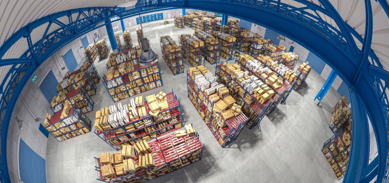 Vista general del interior de una bodega con mercancía organizada en bloques (imagen de referencia)