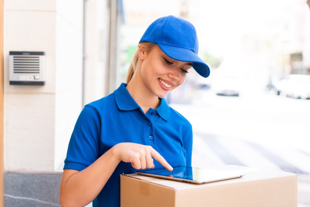Mensajera con gorra registrando una entrega en una tableta mientras sostiene una caja (imagen de referencia)